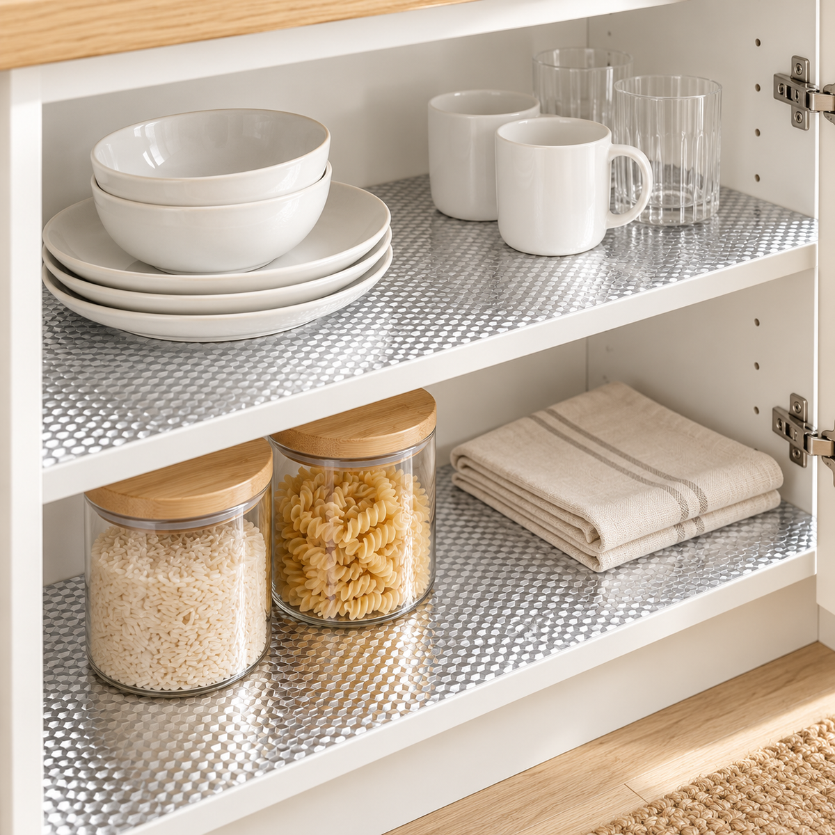 Illustrative silver liner styling on smooth cabinet shelves