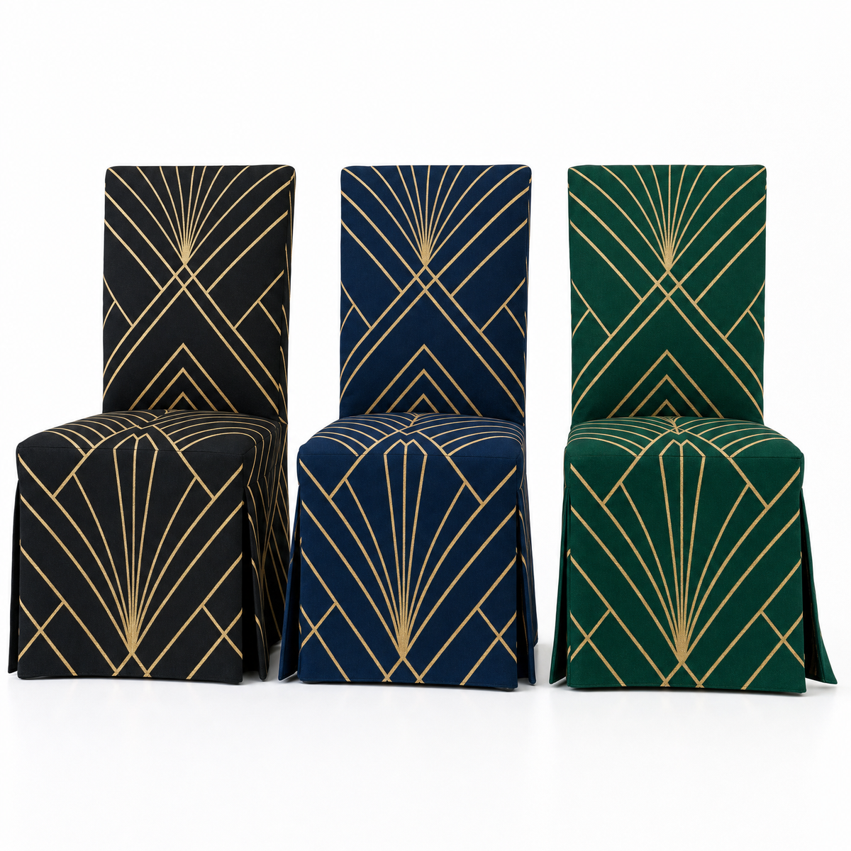 Art Deco Stretch Dining Chair Covers — Removable Washable Spandex Slipcovers, Gold Chevron & Sunburst, Black & Gold (Set of 4)