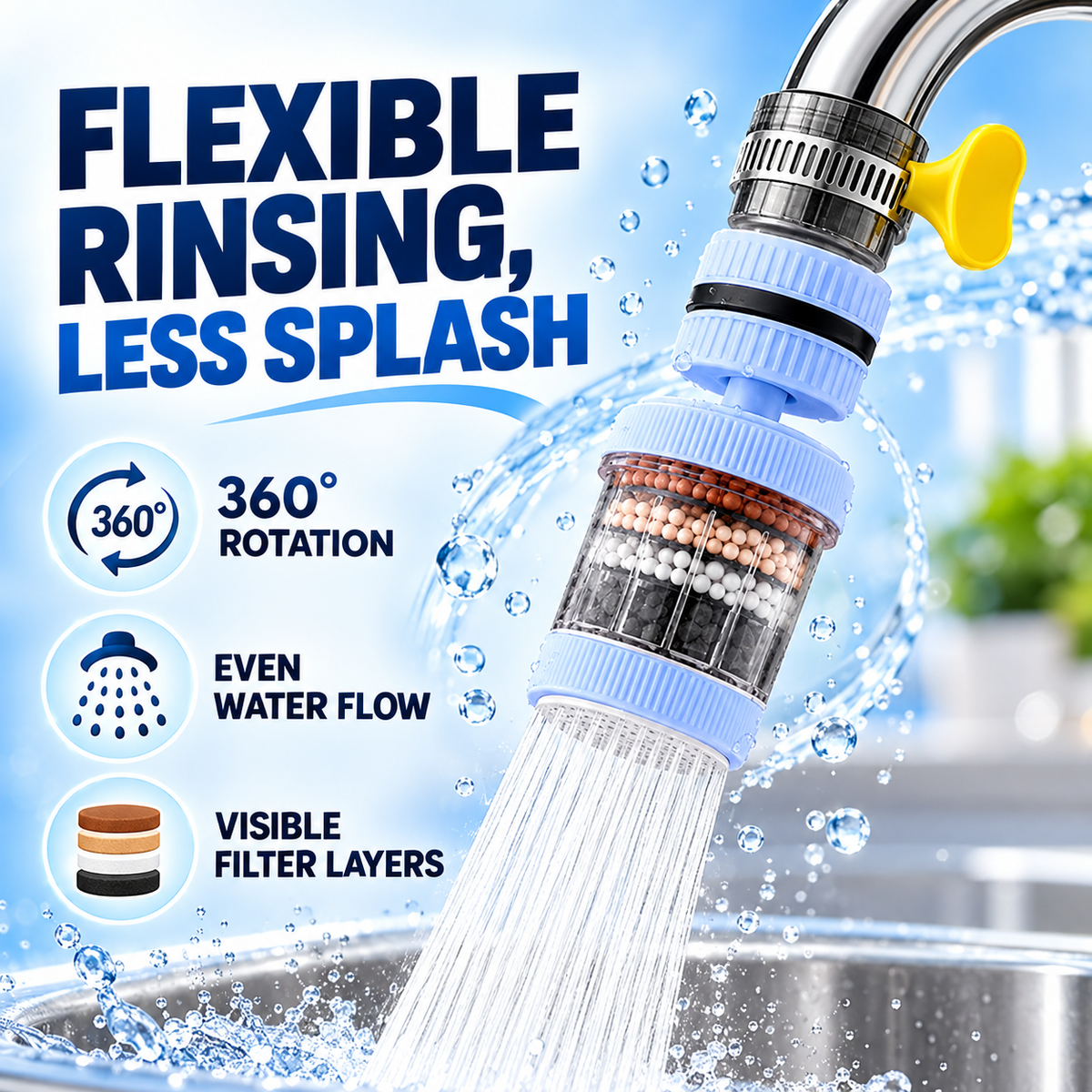 360° Rotating 6-Layer Faucet Filter Extender – Flexible Kitchen Rinse Head
