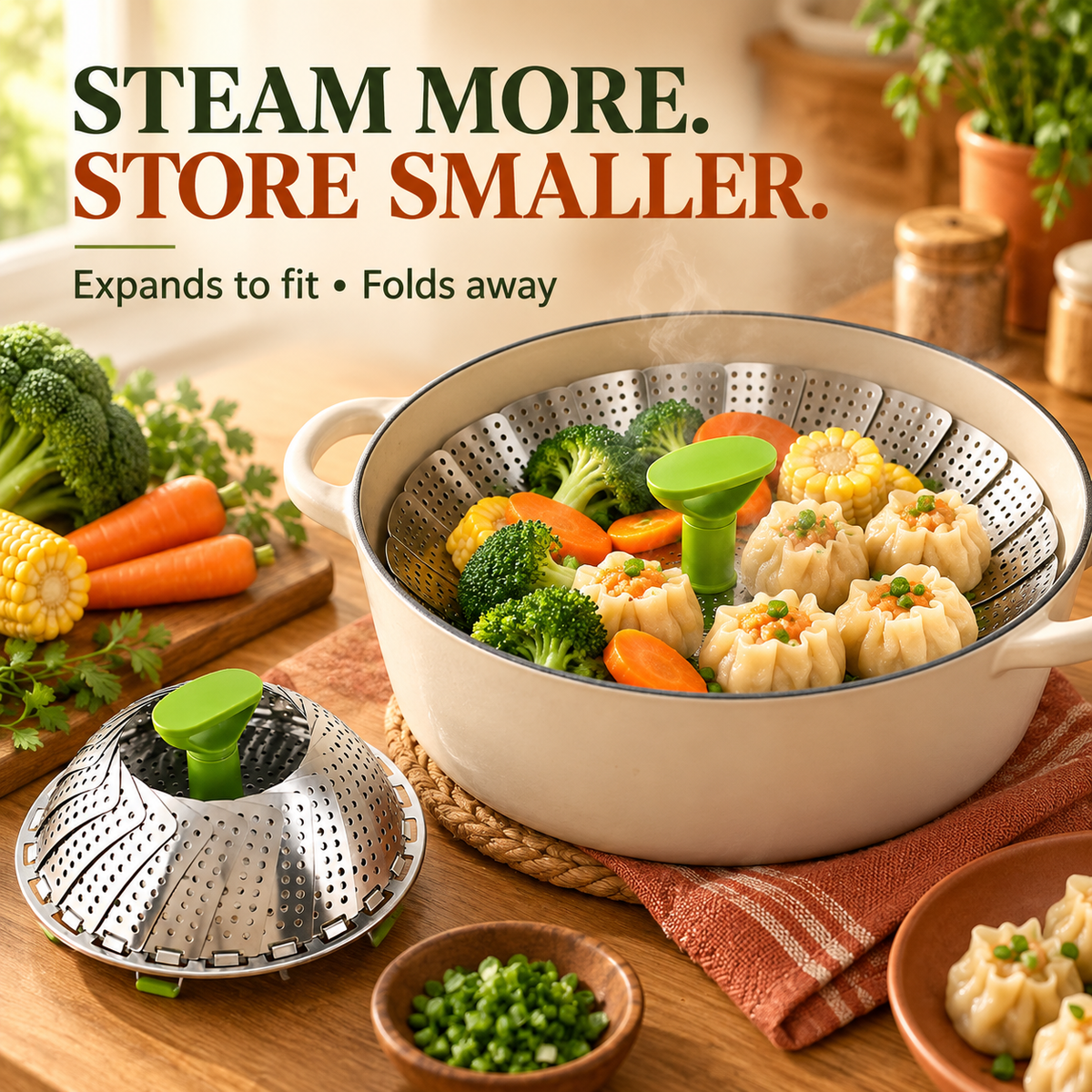SteamEase Expandable Stainless Steel Steamer Basket for Multiple Pot Sizes