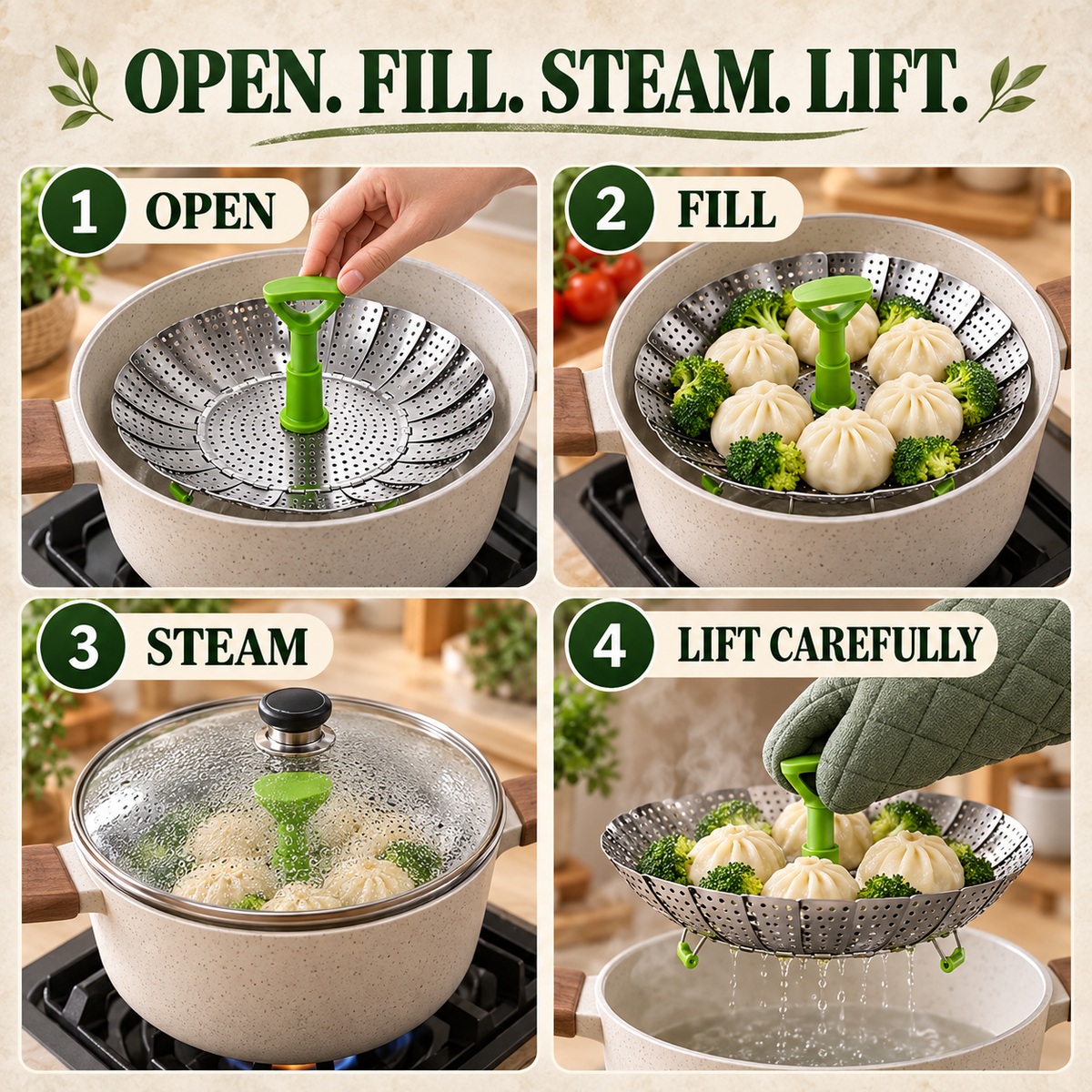 SteamEase Expandable Stainless Steel Steamer Basket for Multiple Pot Sizes