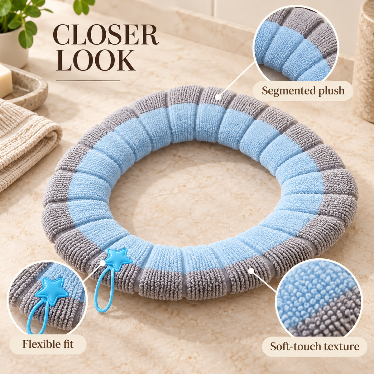 Soft Plush Toilet Seat Cover | Segmented Fabric, 2 or 4 Piece Set