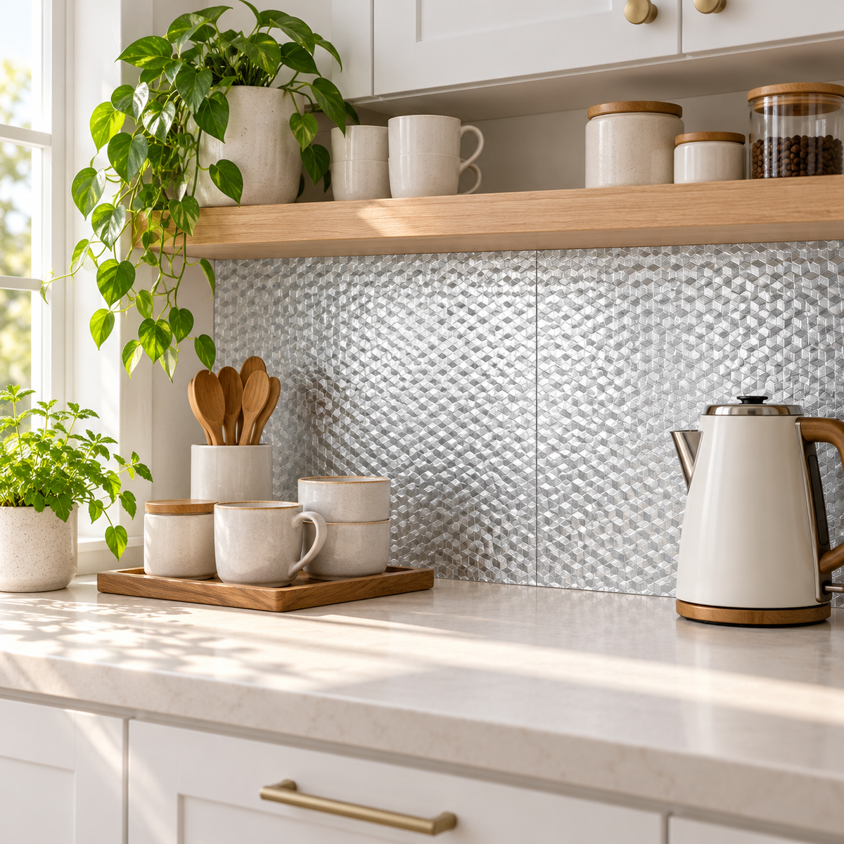 Illustrative silver liner styling on a cool kitchen backsplash
