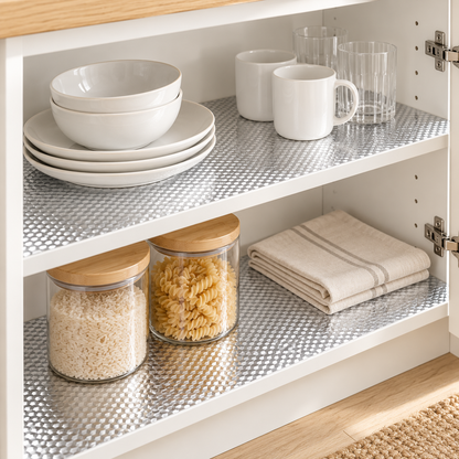 Illustrative silver liner styling on smooth cabinet shelves