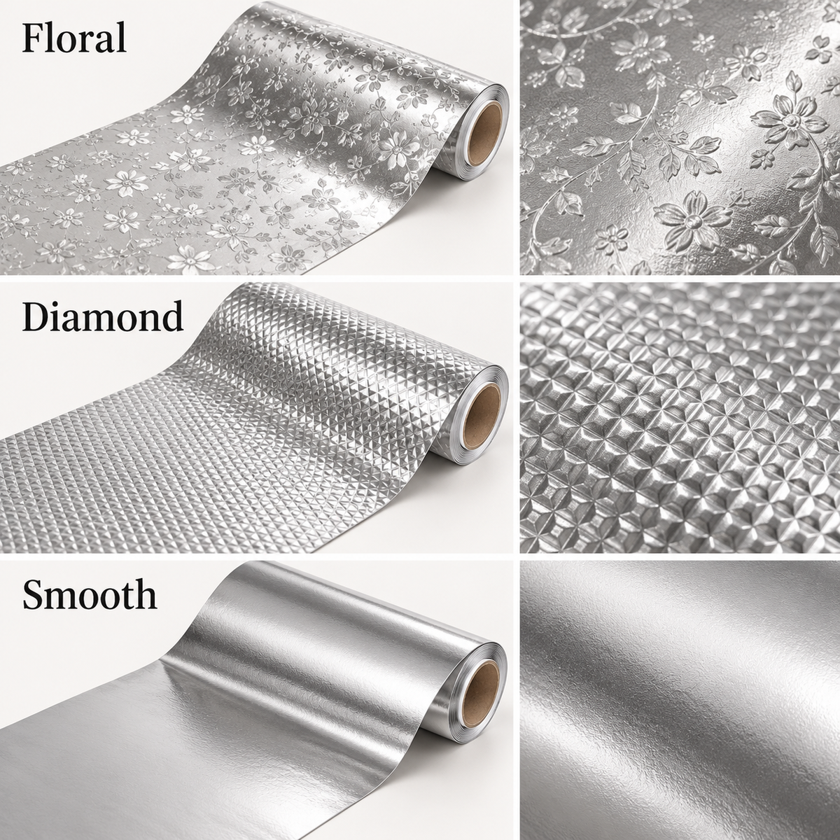 Illustrative silver liner comparison: Floral, Diamond and Smooth finishes