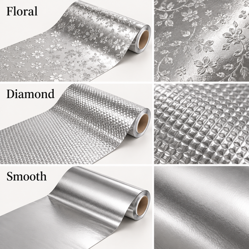 Illustrative silver liner comparison: Floral, Diamond and Smooth finishes