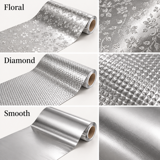 Illustrative silver liner comparison: Floral, Diamond and Smooth finishes