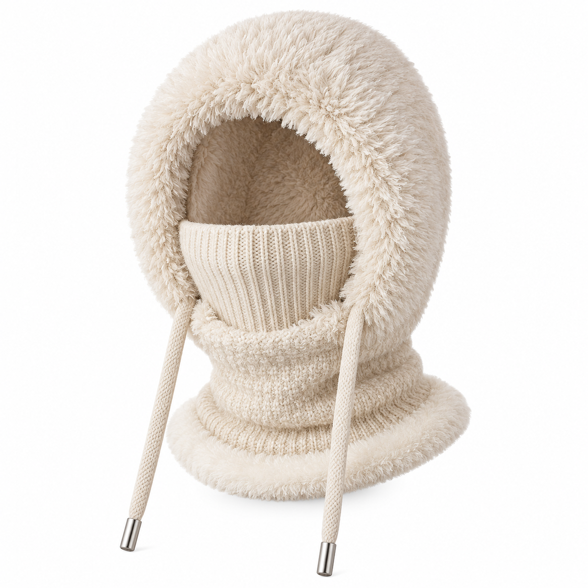 Beige knitted winter balaclava scarf hood, white background