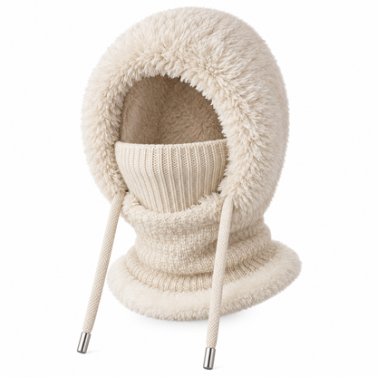 Beige knitted winter balaclava scarf hood, white background