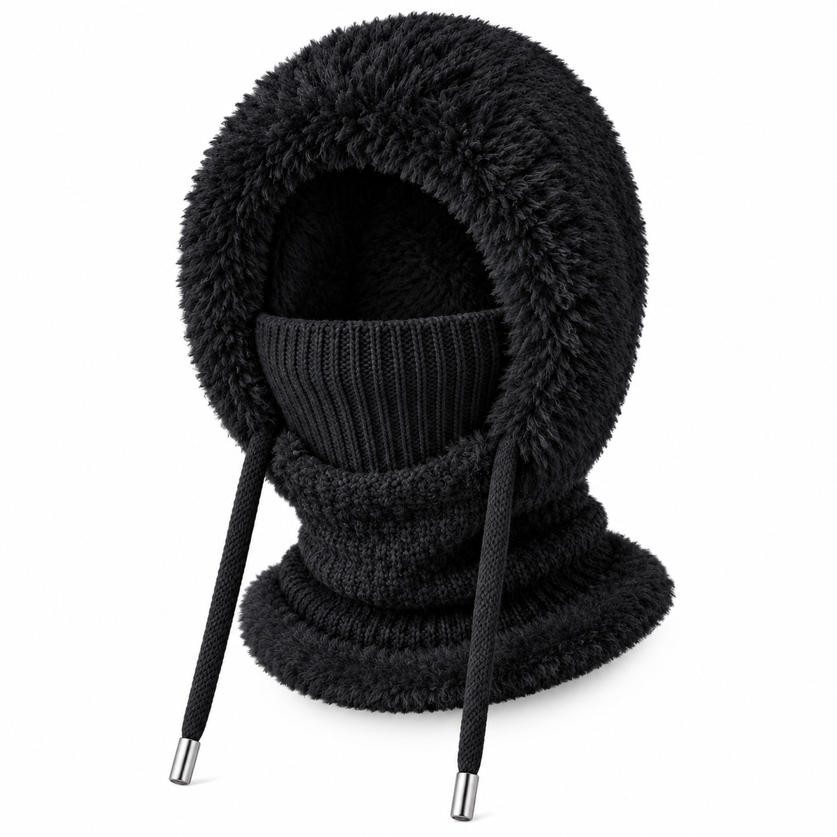 Black knitted winter balaclava scarf hood, white background