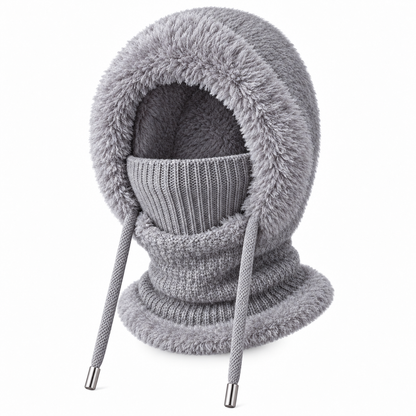 Gray knitted winter balaclava scarf hood, white background