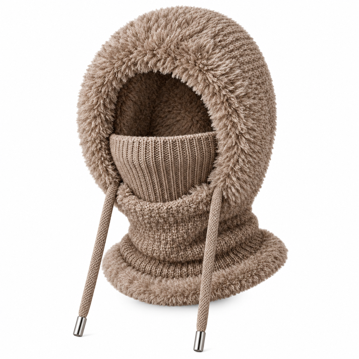 Khaki knitted winter balaclava scarf hood, white background