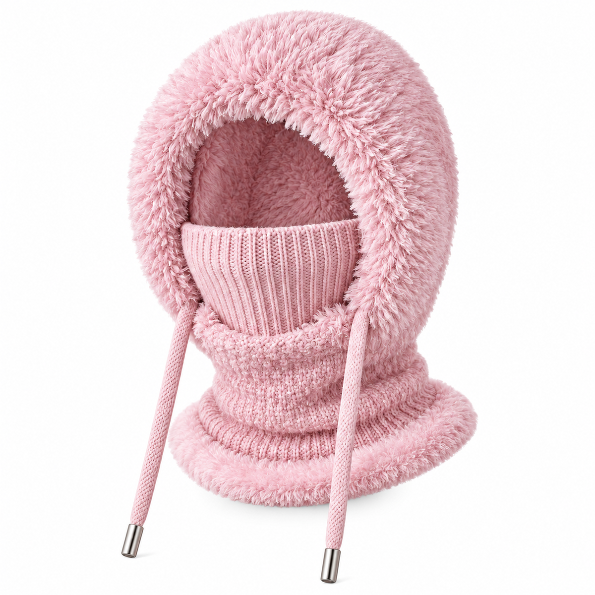Pink knitted winter balaclava scarf hood, white background