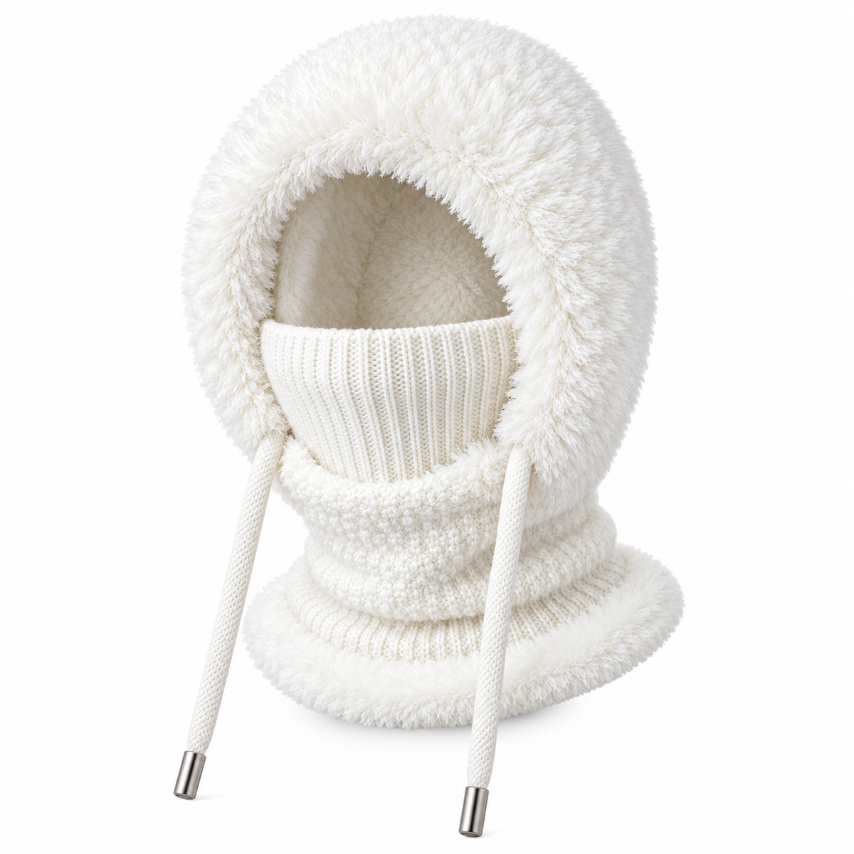 White knitted winter balaclava scarf hood, white background