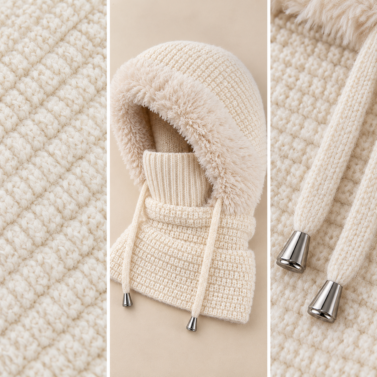 Close view of the knitted hood, fluffy rim and drawstring details