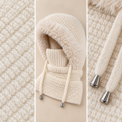 Close view of the knitted hood, fluffy rim and drawstring details
