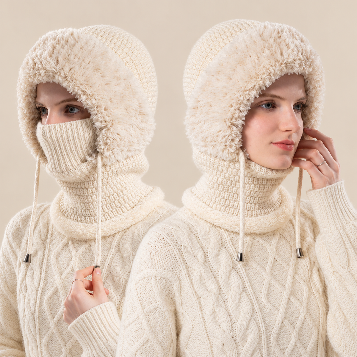 Ivory scarf hood with the face panel raised and lowered
