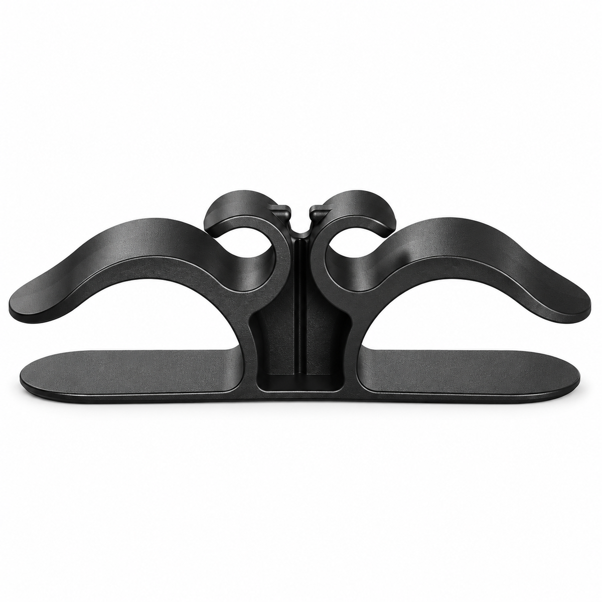Black appliance cord organizer, front view on white background