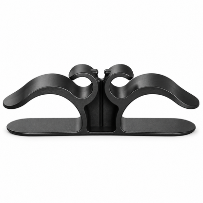 Black appliance cord organizer, front view on white background