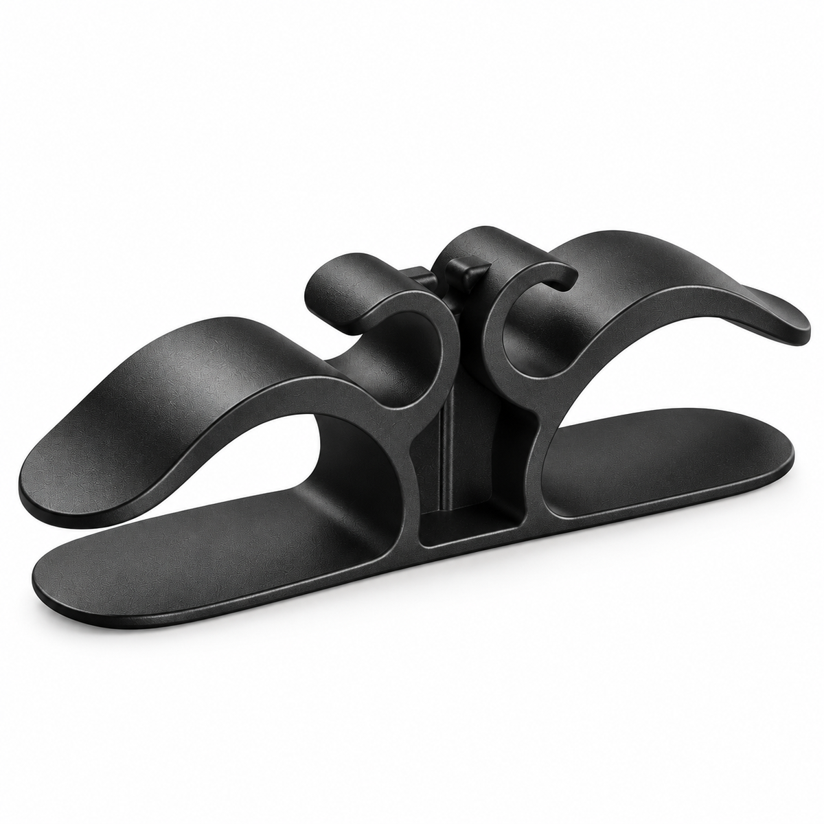 Black appliance cord organizer, left three-quarter view on white background