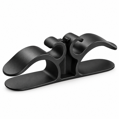 Black appliance cord organizer, left three-quarter view on white background