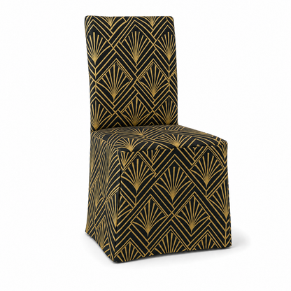 Art Deco Stretch Dining Chair Covers — Removable Washable Spandex Slipcovers, Gold Chevron & Sunburst, Black & Gold (Set of 4)