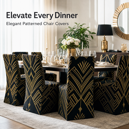 Art Deco Stretch Dining Chair Covers — Removable Washable Spandex Slipcovers, Gold Chevron & Sunburst, Black & Gold (Set of 4)