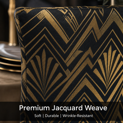 Art Deco Stretch Dining Chair Covers — Removable Washable Spandex Slipcovers, Gold Chevron & Sunburst, Black & Gold (Set of 4)