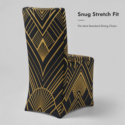 Art Deco Stretch Dining Chair Covers — Removable Washable Spandex Slipcovers, Gold Chevron & Sunburst, Black & Gold (Set of 4)