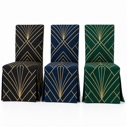Art Deco Stretch Dining Chair Covers — Removable Washable Spandex Slipcovers, Gold Chevron & Sunburst, Black & Gold (Set of 4)