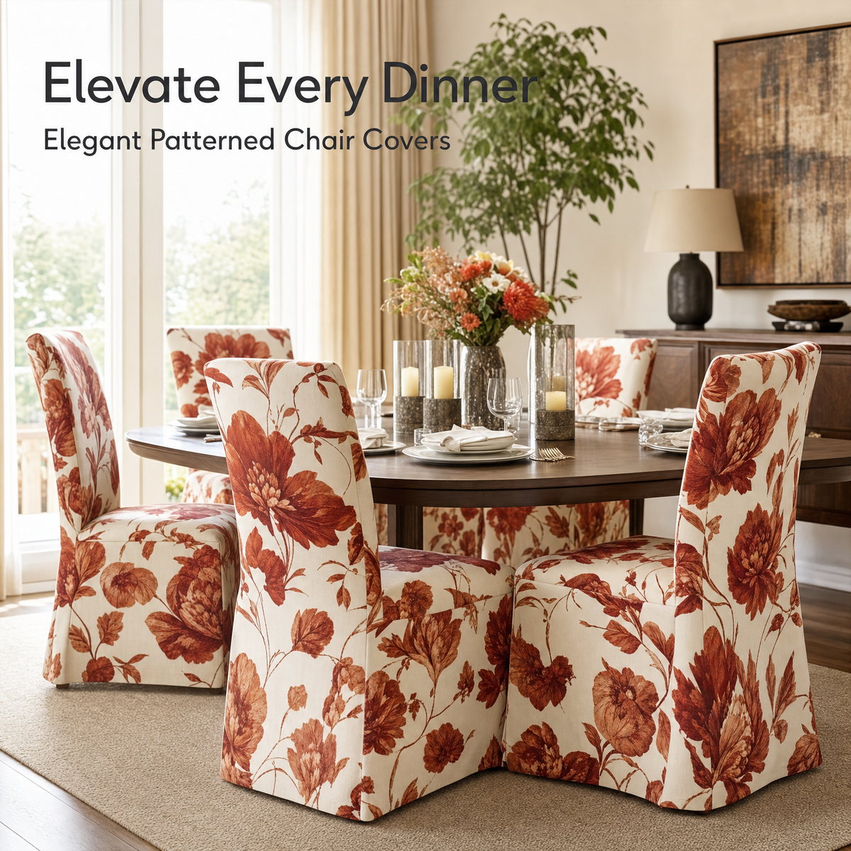 Terracotta Floral Stretch Dining Chair Covers — Removable Washable Spandex Slipcovers, Rust Bloom Pattern, Terracotta & Cream (Set of 4)