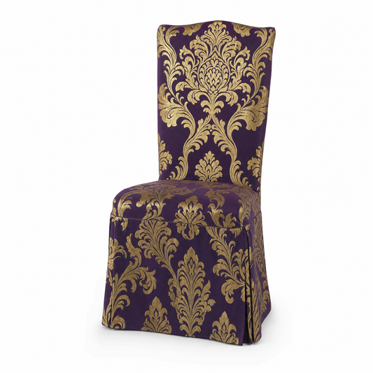 Aubergine & Gold Stretch Dining Chair Covers — Removable Washable Spandex Slipcovers, Ornamental Damask, Plum Purple & Gold (Set of 4)