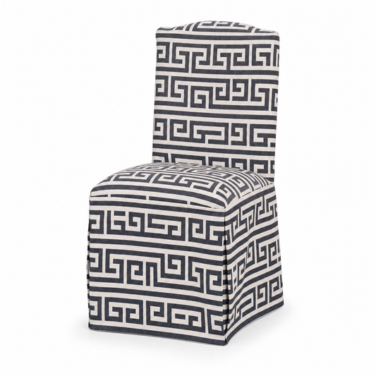 Greek Key Stretch Dining Chair Covers — Removable Washable Spandex Parsons Slipcovers, Geometric Border Pattern, Charcoal & Ivory (Set of 4)
