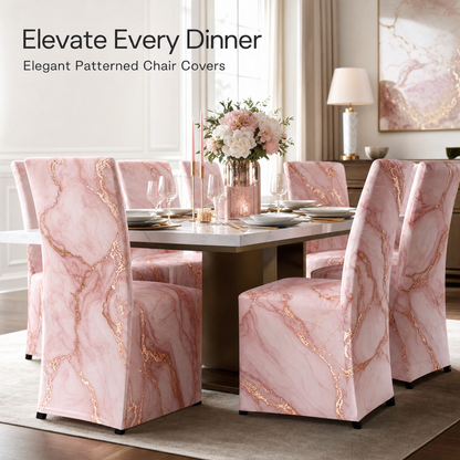 Blush Marble Stretch Dining Chair Covers — Removable Washable Spandex Slipcovers, Rose Gold Veined Marble, Blush Pink (Set of 4)