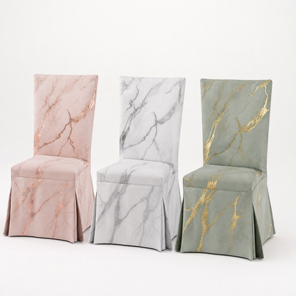 Blush Marble Stretch Dining Chair Covers — Removable Washable Spandex Slipcovers, Rose Gold Veined Marble, Blush Pink (Set of 4)