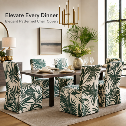 Palm Leaf Stretch Dining Chair Covers — Removable Washable Spandex Slipcovers, Botanical Tropical Pattern, Forest Green & Cream (Set of 4)