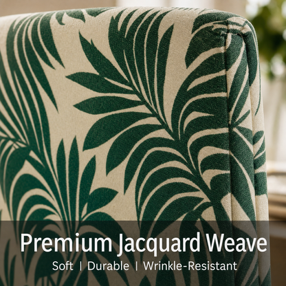 Palm Leaf Stretch Dining Chair Covers — Removable Washable Spandex Slipcovers, Botanical Tropical Pattern, Forest Green & Cream (Set of 4)