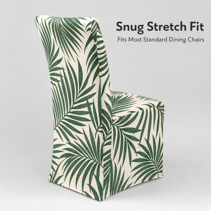Palm Leaf Stretch Dining Chair Covers — Removable Washable Spandex Slipcovers, Botanical Tropical Pattern, Forest Green & Cream (Set of 4)