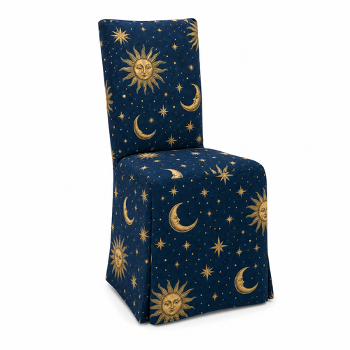 Celestial Stretch Dining Chair Covers — Removable Washable Spandex Slipcovers, Gold Stars & Moon Pattern, Midnight Blue & Gold (Set of 4)