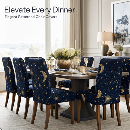 Celestial Stretch Dining Chair Covers — Removable Washable Spandex Slipcovers, Gold Stars & Moon Pattern, Midnight Blue & Gold (Set of 4)