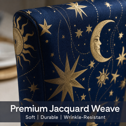 Celestial Stretch Dining Chair Covers — Removable Washable Spandex Slipcovers, Gold Stars & Moon Pattern, Midnight Blue & Gold (Set of 4)
