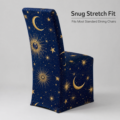 Celestial Stretch Dining Chair Covers — Removable Washable Spandex Slipcovers, Gold Stars & Moon Pattern, Midnight Blue & Gold (Set of 4)