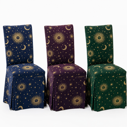 Celestial Stretch Dining Chair Covers — Removable Washable Spandex Slipcovers, Gold Stars & Moon Pattern, Midnight Blue & Gold (Set of 4)