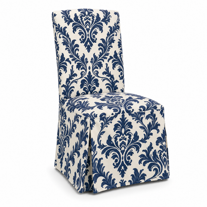 Navy Damask Stretch Dining Chair Covers — Removable Washable Spandex Parsons Slipcovers, Baroque Damask Pattern, Navy Blue & Ivory (Set of 4)