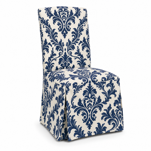 Navy Damask Stretch Dining Chair Covers — Removable Washable Spandex Parsons Slipcovers, Baroque Damask Pattern, Navy Blue & Ivory (Set of 4)