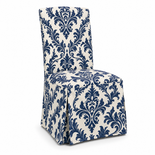 Navy Damask Stretch Dining Chair Covers — Removable Washable Spandex Parsons Slipcovers, Baroque Damask Pattern, Navy Blue & Ivory (Set of 4)