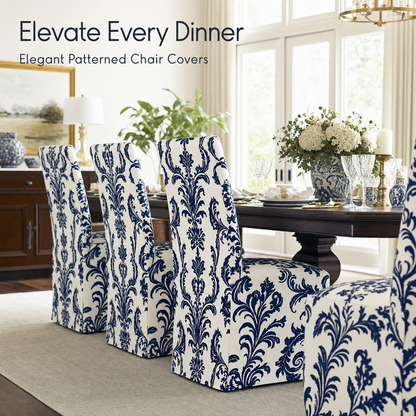 Navy Damask Stretch Dining Chair Covers — Removable Washable Spandex Parsons Slipcovers, Baroque Damask Pattern, Navy Blue & Ivory (Set of 4)