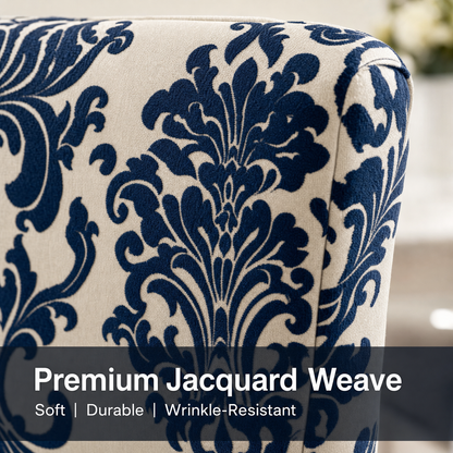Navy Damask Stretch Dining Chair Covers — Removable Washable Spandex Parsons Slipcovers, Baroque Damask Pattern, Navy Blue & Ivory (Set of 4)
