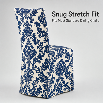 Navy Damask Stretch Dining Chair Covers — Removable Washable Spandex Parsons Slipcovers, Baroque Damask Pattern, Navy Blue & Ivory (Set of 4)