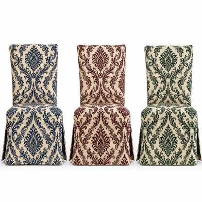 Navy Damask Stretch Dining Chair Covers — Removable Washable Spandex Parsons Slipcovers, Baroque Damask Pattern, Navy Blue & Ivory (Set of 4)